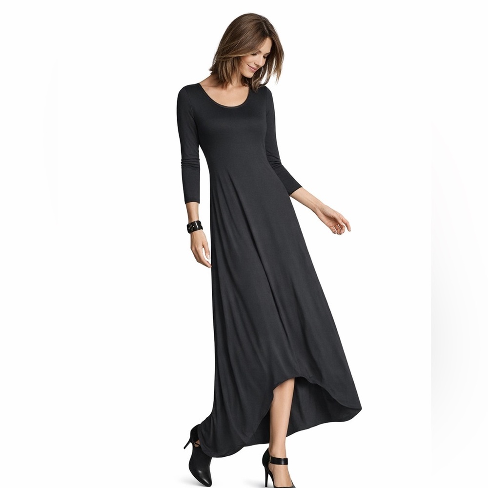 Chico’s Gray Maxi Dress Size 3 XL Scoop Neck 3/4 Sleeve Stretch Jersey Flowy